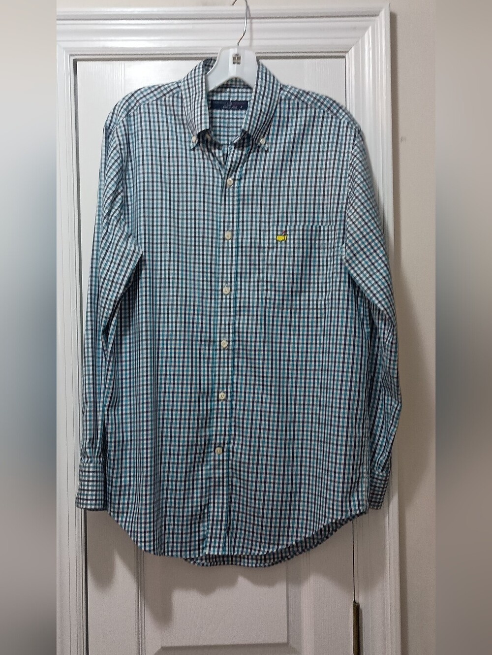 Masters Clubhouse Collection Button-Down Plaid Shirt with Yellow Flag Logo Med